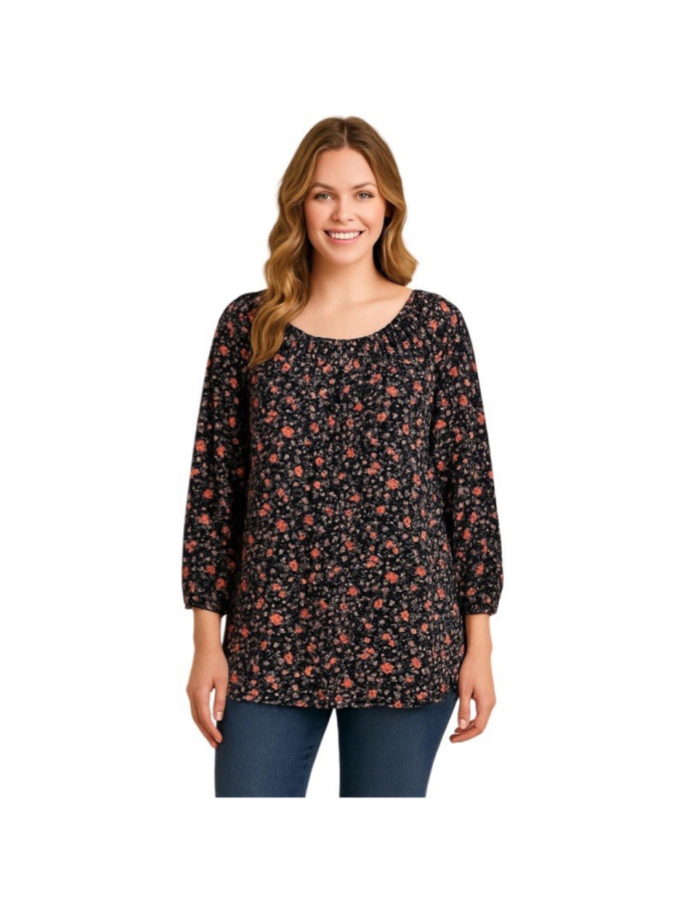 Denim & Co Top Coral Black Floral Soft Stretch Knit Plus SZ 1X Cottagecore